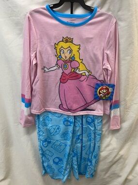 NEW!!! Nintendo Super Mario Princess Peach Pink/Blue Kids Pajama Set sz 6-6x